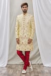 Buy_Aryavir Malhotra_Gold Art Banarasi Silk Embroidered Floral Sherwani Set _Online_at_Aza_Fashions