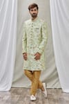 Buy_Aryavir Malhotra_Green Art Banarasi Silk Embroidered Floral Sherwani Set _at_Aza_Fashions