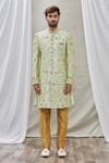 Aryavir Malhotra_Green Art Banarasi Silk Embroidered Floral Sherwani Set _Online_at_Aza_Fashions