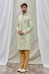 Buy_Aryavir Malhotra_Green Art Banarasi Silk Embroidered Floral Sherwani Set _Online_at_Aza_Fashions