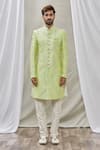 Aryavir Malhotra_Green Art Banarasi Silk Embroidered Floral Sherwani Set _Online_at_Aza_Fashions