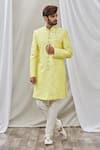 Buy_Aryavir Malhotra_Yellow Art Banarasi Silk Embroidered Floral Sherwani Set _at_Aza_Fashions