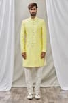 Aryavir Malhotra_Yellow Art Banarasi Silk Embroidered Floral Sherwani Set _Online_at_Aza_Fashions