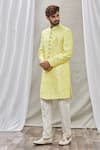 Buy_Aryavir Malhotra_Yellow Art Banarasi Silk Embroidered Floral Sherwani Set _Online_at_Aza_Fashions