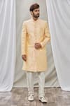 Buy_Aryavir Malhotra_Peach Art Banarasi Silk Embroidered Floral Sherwani Set _at_Aza_Fashions