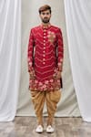 Aryavir Malhotra_Maroon Art Banarasi Silk Embroidered Floral Sherwani Set _Online_at_Aza_Fashions