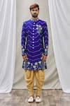 Aryavir Malhotra_Blue Art Banarasi Silk Embroidered Floral Sherwani Set _Online_at_Aza_Fashions