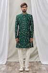 Aryavir Malhotra_Green Art Banarasi Silk Embroidered Floral Sherwani Set _Online_at_Aza_Fashions