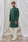 Buy_Aryavir Malhotra_Green Art Banarasi Silk Embroidered Floral Sherwani Set _Online_at_Aza_Fashions