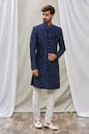 Buy_Aryavir Malhotra_Blue Art Banarasi Silk Embroidered Floral Sherwani Set _at_Aza_Fashions