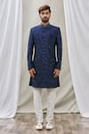 Aryavir Malhotra_Blue Art Banarasi Silk Embroidered Floral Sherwani Set _Online_at_Aza_Fashions