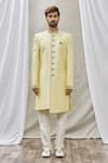 Aryavir Malhotra_Gold Art Banarasi Silk Embroidered Mandarin Collar Sherwani Set _Online_at_Aza_Fashions