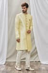 Buy_Aryavir Malhotra_Gold Art Banarasi Silk Embroidered Mandarin Collar Sherwani Set _Online_at_Aza_Fashions