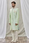 Buy_Aryavir Malhotra_Green Art Banarasi Silk Embroidered Mandarin Collar Sherwani Set_Online_at_Aza_Fashions