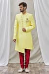 Buy_Aryavir Malhotra_Yellow Art Banarasi Silk Embroidered Mandarin Collar Sherwani Set _at_Aza_Fashions