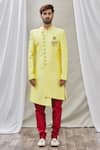 Buy_Aryavir Malhotra_Yellow Art Banarasi Silk Embroidered Mandarin Collar Sherwani Set _Online_at_Aza_Fashions