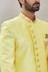 Shop_Aryavir Malhotra_Yellow Art Banarasi Silk Embroidered Mandarin Collar Sherwani Set _Online_at_Aza_Fashions