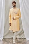 Buy_Aryavir Malhotra_Peach Art Banarasi Silk Embroidered Mandarin Collar Sherwani Set _at_Aza_Fashions