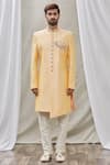 Aryavir Malhotra_Peach Art Banarasi Silk Embroidered Mandarin Collar Sherwani Set _Online_at_Aza_Fashions