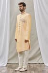 Buy_Aryavir Malhotra_Peach Art Banarasi Silk Embroidered Mandarin Collar Sherwani Set _Online_at_Aza_Fashions