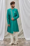 Buy_Aryavir Malhotra_Green Art Banarasi Silk Embroidered Mandarin Collar Sherwani Set _at_Aza_Fashions