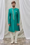 Aryavir Malhotra_Green Art Banarasi Silk Embroidered Mandarin Collar Sherwani Set _Online_at_Aza_Fashions