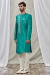 Buy_Aryavir Malhotra_Green Art Banarasi Silk Embroidered Mandarin Collar Sherwani Set _Online_at_Aza_Fashions