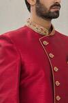 Buy_Aryavir Malhotra_Maroon Art Banarasi Silk Embroidered Mandarin Collar Sherwani Set _Online_at_Aza_Fashions