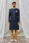 Aryavir Malhotra_Blue Art Banarasi Silk Embroidered Mandarin Collar Sherwani Set _Online_at_Aza_Fashions