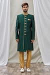 Aryavir Malhotra_Green Art Banarasi Silk Embroidered Mandarin Collar Sherwani Set _Online_at_Aza_Fashions