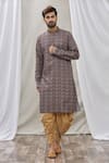 Buy_Aryavir Malhotra_Grey Handloom Cotton Printed Floral Thread Embroidered Placket Kurta _at_Aza_Fashions