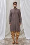 Aryavir Malhotra_Grey Handloom Cotton Printed Floral Thread Embroidered Placket Kurta _Online_at_Aza_Fashions