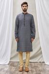Arihant Rai Sinha_Blue Handloom Cotton Embroidery Floral Placket Kurta _Online_at_Aza_Fashions