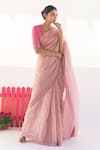 Buy_Vaani Beswal_Pink Handwoven Silk Organza Embroidered Thread Work V Neck Saree With Blouse _at_Aza_Fashions