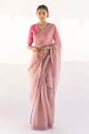 Buy_Vaani Beswal_Pink Handwoven Silk Organza Embroidered Thread Work V Neck Saree With Blouse _Online_at_Aza_Fashions