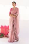 Shop_Vaani Beswal_Pink Handwoven Silk Organza Embroidered Thread Work V Neck Saree With Blouse _Online_at_Aza_Fashions