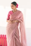 Vaani Beswal_Pink Handwoven Silk Organza Embroidered Thread Work V Neck Saree With Blouse _at_Aza_Fashions