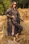 Vaani Beswal_Black Handwoven Linen Work Notched Collar Itzal Trench Coat _Online_at_Aza_Fashions