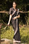 Buy_Vaani Beswal_Black Chanderi Cotton Silk Embroidered Thread Work Alair Hem Saree _at_Aza_Fashions