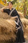 Vaani Beswal_Black Chanderi Cotton Silk Embroidered Thread Work Alair Hem Saree _Online_at_Aza_Fashions