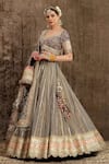 Buy_SHIKHAR SHARMA_Grey Cotton Shimmer Chanderi Embroidery Gota Scallop V Neck Lehenga Set _Online_at_Aza_Fashions