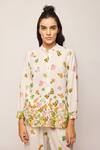Swati Vijaivargie_White Linen Cotton Floral Mandarin Collar Print Shirt _Online_at_Aza_Fashions