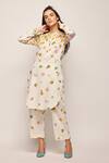 Buy_Swati Vijaivargie_White Linen Cotton Printed Floral Band Collar Kurta _at_Aza_Fashions
