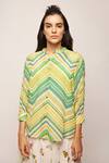 Buy_Swati Vijaivargie_Green Linen Cotton Chevron, Striped Band Collar Print Shirt _at_Aza_Fashions