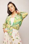 Shop_Swati Vijaivargie_Green Linen Cotton Chevron, Striped Band Collar Print Shirt _Online_at_Aza_Fashions