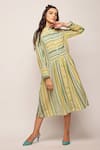 Buy_Swati Vijaivargie_Green Linen Cotton Chevron, Striped Mandarin Collar Patterned Dress _at_Aza_Fashions