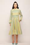 Swati Vijaivargie_Green Linen Cotton Chevron, Striped Mandarin Collar Patterned Dress _Online_at_Aza_Fashions