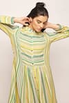 Shop_Swati Vijaivargie_Green Linen Cotton Chevron, Striped Mandarin Collar Patterned Dress _Online_at_Aza_Fashions