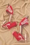 Shop Around Always Red Embroidery Scarlet Velvet Block Heel Sandals at Aza Fashions Shop_Around Always_Red Embroidery Scarlet Velvet Block Heel Sandals_at_Aza_Fashions