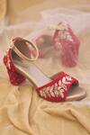 Around Always Red Embroidery Scarlet Velvet Block Heel Sandals Online at Aza Fashions Around Always_Red Embroidery Scarlet Velvet Block Heel Sandals_Online_at_Aza_Fashions